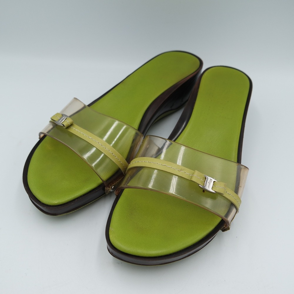 Vintage Y2K Salvatore Ferragamo Lime Green Clear Jelly Wood Wedge Slides Size 9B